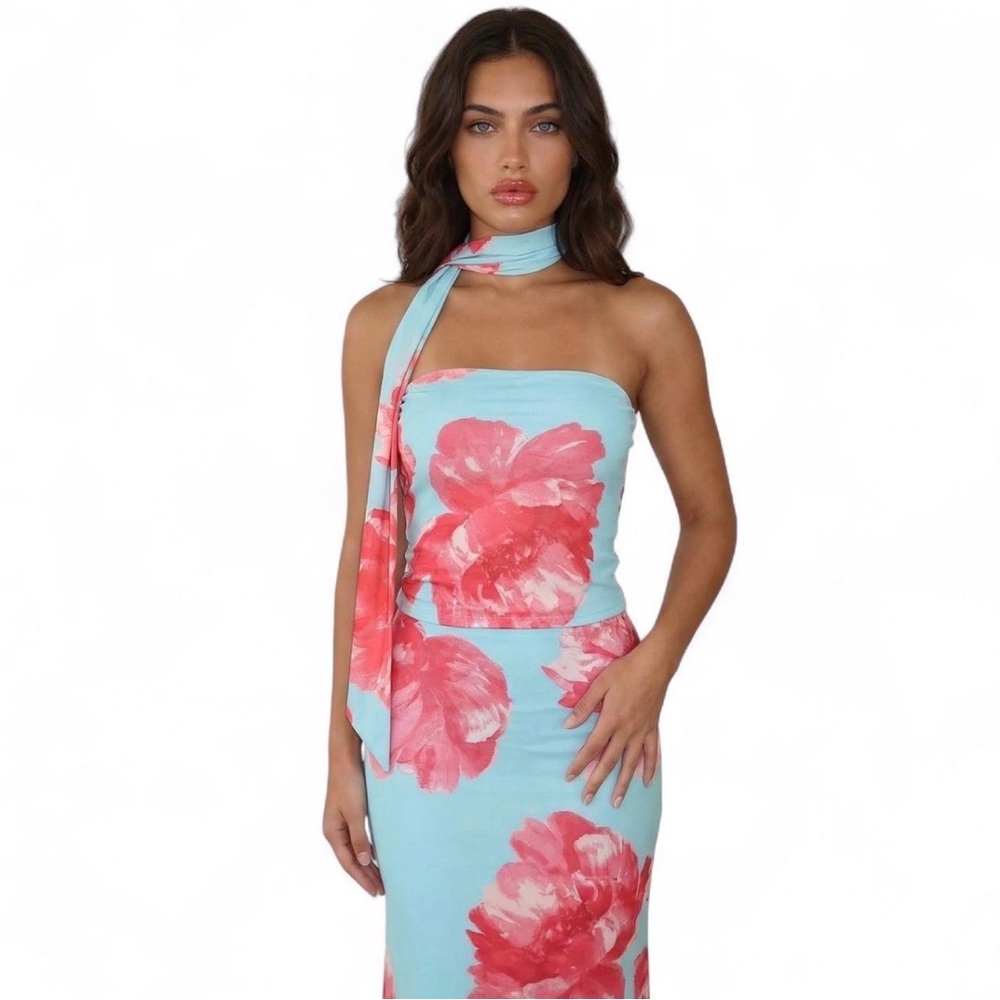 NWT 90s/2000s Inspired Floral Strapless Top & Skirt Set - Aqua & Coral